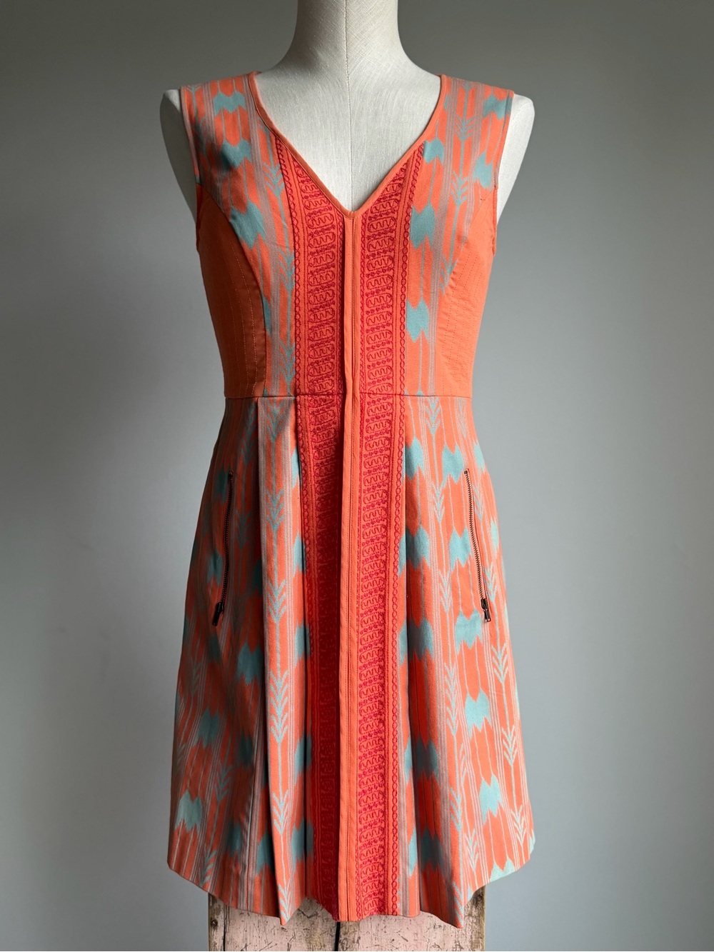 Tracy Reese Coral & Aqua V-Neck Midi Dress with Pockets